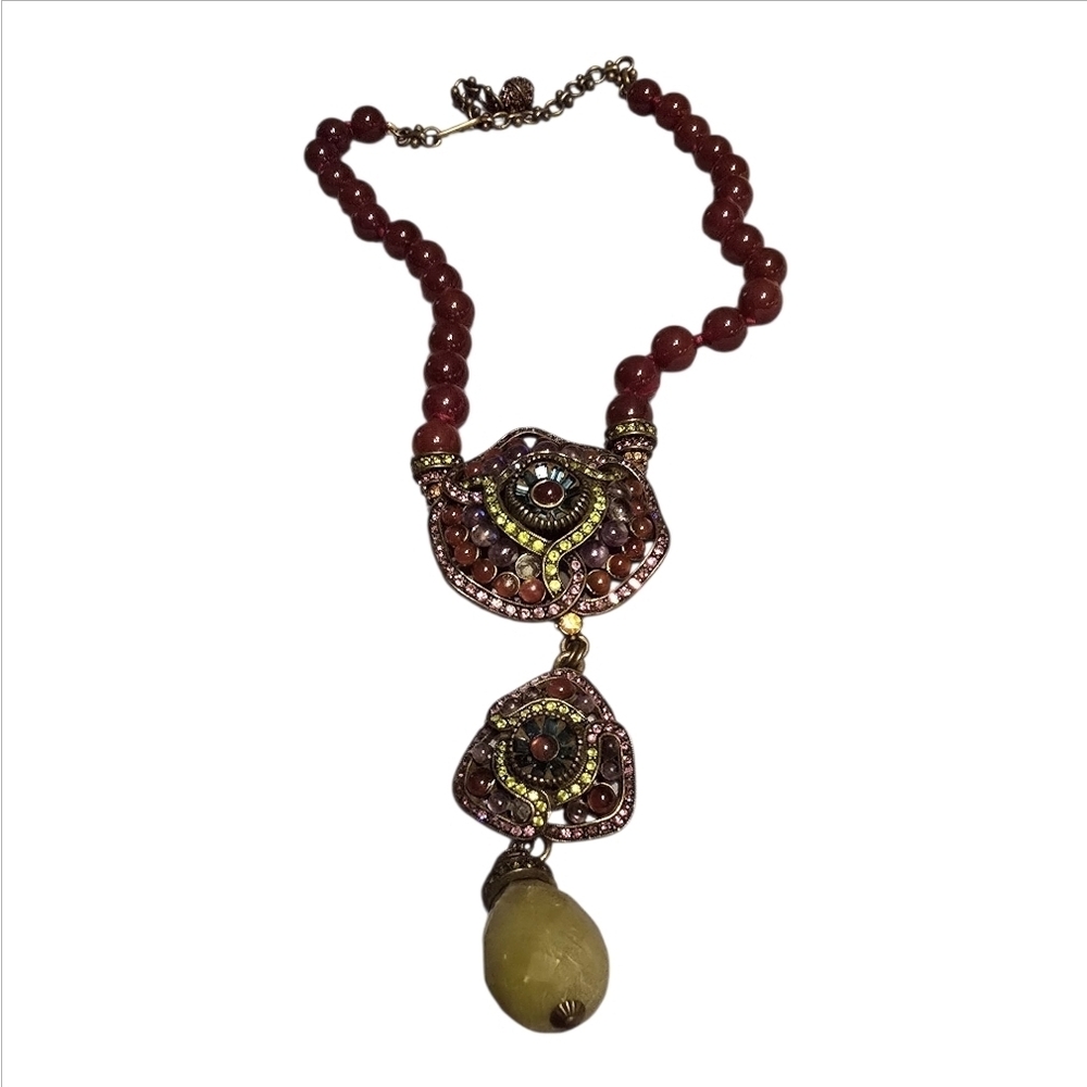 Heidi Daus Carnelian Red, Green and Gold Statement Necklace, Vintage